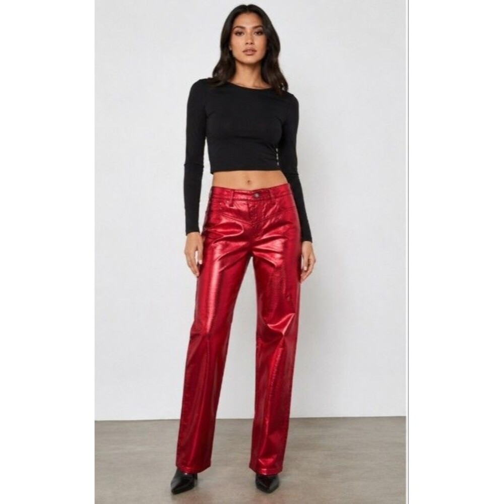 AFRM Metallic Red Faux Leather Straight Leg Pants Women’s Size 25